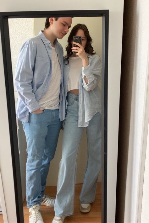 couple outfit, blue shirt, blue jeans, basic outfit, easz couple outfit ideas, clean girl aesthetic, light blue ouftit, one color outfit, monoсhrome outfit Couple Jeans Outfit, Blue Shirt Blue Jeans, Outfit Ideas Clean Girl, One Color Outfit, Aesthetic Light Blue, Jeans White Sneakers, Couple Outfit Ideas, Mission Control, Aesthetic Light