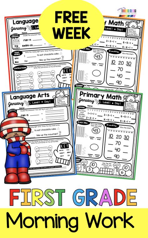 Daily review for first grade math - phonics and reading - sight words - addition - subtraction - numbers up to 120 - place value - language arts - grammar - writing and so much more - FREE week from every month - free first grade worksheets and lessons - freebie printables for bell ringers - morning work - test prep - daily review - homeschool ideas and first grade homeschooling worksheets - virtual learning and distance learning packets winter - January - Christmas #firstgrade First Grade Literacy Worksheets, First Grade Free Worksheets, Bell Work Grade 3, Daily Worksheets Morning Work, Daily Math Review 1st Grade, Free First Grade Math Printables, Daily 3 Math First Grade, Morning Work Grade 2 Free, Morning Work For First Grade Free