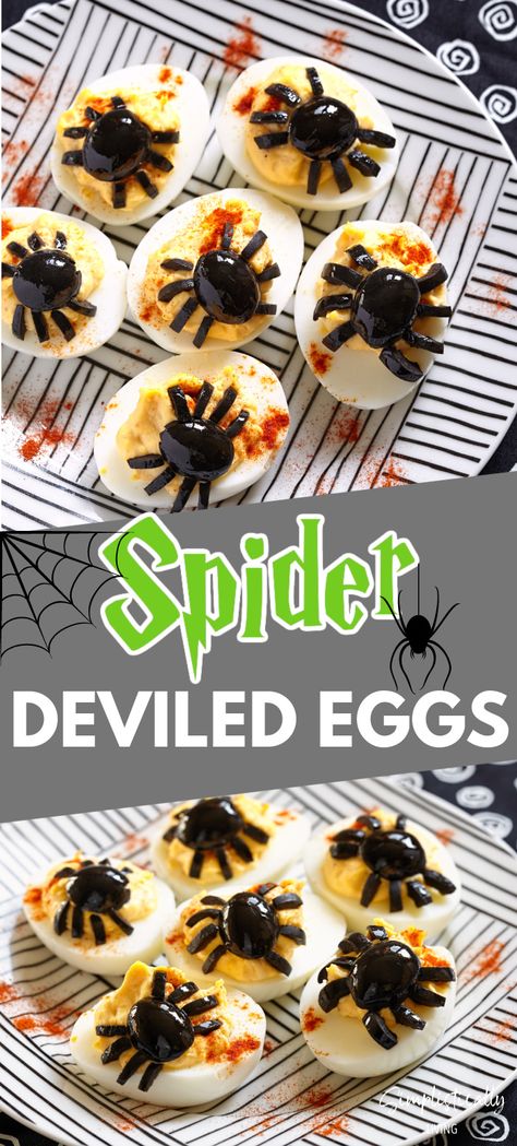 Spider Deviled Eggs Spider Deviled Eggs, Spider Food, Dip Party, Halloween Deviled Eggs, Halloween Dip, Halloween Appetizer, Halloween Appetizers Easy, Gluten Free Puff Pastry, Halloween Food Appetizers