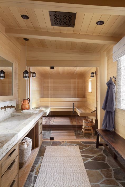 rustic-home-sauna Mountain Bathroom, Mountain Interiors, Cabin Bathrooms, Rustic Bathroom Designs, Sauna Room, Mammoth Lakes, Brown Design, White Cedar, Modern Mountain