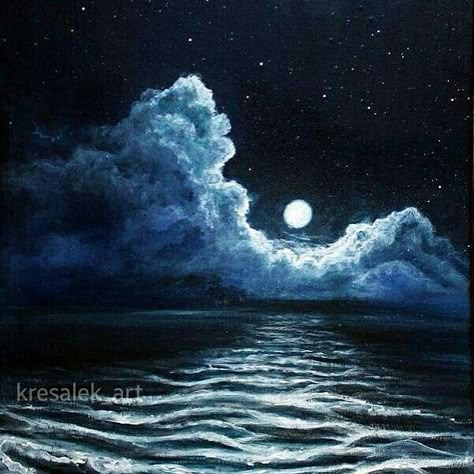 Moon And Water Painting, Night Clouds Drawing, Sea And Moon Painting, Ocean And Mountain Painting, Cloudy Night Sky Painting, Paint Clouds Acrylic Easy, Night Clouds Painting, Moon And Clouds Drawing, Moon And Clouds Painting