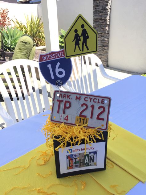 16TH Birthday Party with Road Trip Theme.  Motorcycle License plates from across the US add authenticity.  Downloaded signs, printed and mounted to metal skewers. Route 66 Party, Chicago Dogs, Road Trip Theme, Motorcycle Party, Boy 16th Birthday, Baby Shower Ideas For Boys, Modern Baby Shower Games, Funny Baby Shower Games, Metal Skewers