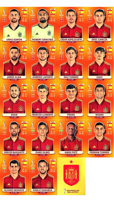 ALL STICKERS SPAIN PANINI WORD CUP QATAR 2022 Word Cup 2022, Football Players Names, Football World Cup 2022, Word Cup, Soccer Cards, 2022 Fifa World Cup, Guy Best Friend, Best Football Team, Player Card