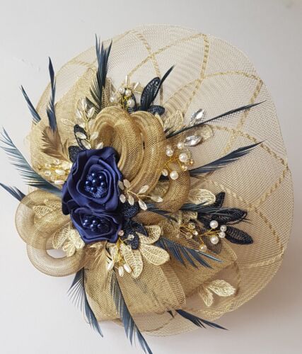 Gold And Navy Blue Fascinator,mother Of Bride,hand Made To Match your Outfit | eBay Blue Gold Outfit, Fascinator Designs, Navy Blue Fascinator, Blue Fascinator, Birthday Designs, Gold Outfit, Mother Of Bride, Birthday Design, Metal Band