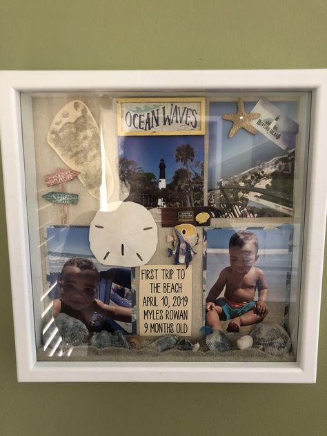 Beach Theme Shadow Box Ideas, First Beach Trip Keepsake, Shadow Box With Shells, Diy Beach Keepsakes, Beach Keepsake Ideas, Beach Shadow Box Ideas, Beach Memory Jars, Travel Shadow Boxes, Beach Keepsakes