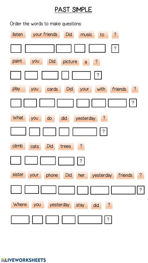 PAST SIMPLE: Order words worksheet Past Simple Esl, Grade 5 English Worksheets Activities, Past Simple Worksheets For Kids, Past Simple Exercises, Past Simple Worksheets, Simple Past Tense Worksheet, Past Tense Worksheet, English Grammar Quiz, Words Worksheet