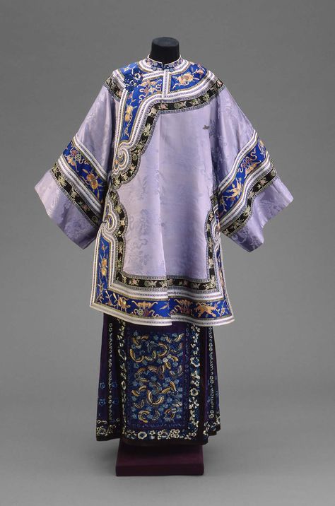 Qing Dynasty, Semi Formal, Damask, 19th Century, China, Silk, Purple, Grey, Blue