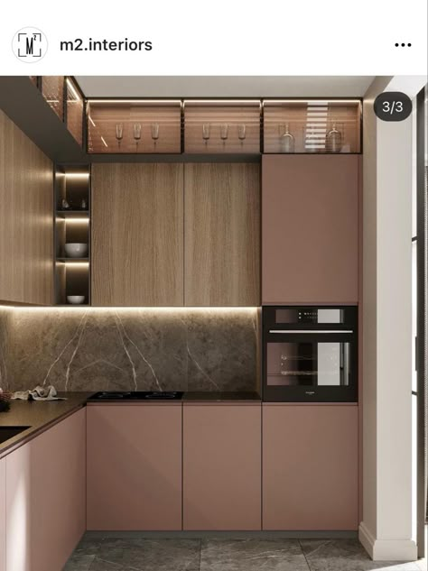 Peach And Black Kitchen, Powder Pink Kitchen, Beam House, Dark Wood Kitchens, Warm Kitchen, Kitchen Tiles Design, Kitchen Finishes, Modern Kitchen Cabinet Design, Bathroom Decor Luxury