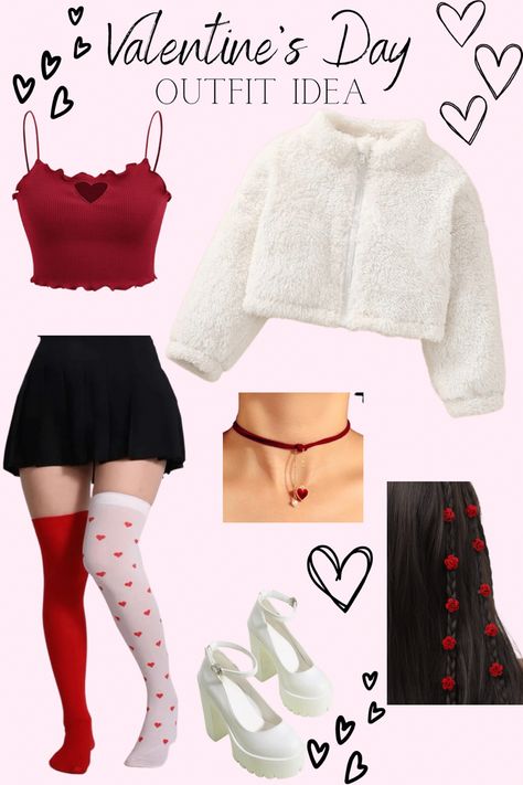 Valentines outfit | Valentines Date night outfit | Alt girl aesthetic | kawaii valentines day outfit | alternative valentines date outfit | red heart crop top, rose hair clips, red velvet heart choker, white platform heels, black skater skirt, thigh high valentine socks, fluffy white sweater Kawaii Valentines Day, Outfit Ideas Alt, Valentines Date Outfit, Valentine Outfits For Women, Korean Streetwear Fashion, Cute Valentines Day Outfits, White Skirt Outfits, Korean Winter, Valentines Outfits