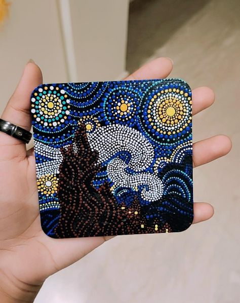 Starry night is a painting by Dutch Post-Impressionist painter, Vincent van Gogh. I recreated it by using dot art technique🌌 Dot Painting Starry Night, Starry Night Mandala, Simple Starry Night Painting, Starry Night Painting Tutorial, Starry Night Craft, Starry Night Diy, Diy Rhinestone Crafts, Mandala Coasters, Art Coaster