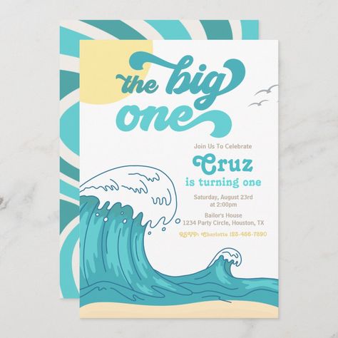 The Big One Birthday Invitations, The Big One Invitation, Wave Invitation, First Birthday Theme Boy, Surf Birthday, Beach Invitations, First Birthday Favors, Surf Party, Boys First Birthday Party Ideas