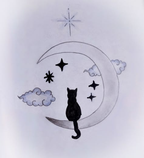 Cute Moon Drawings Simple, Cat On A Moon Drawing, Cat On The Moon Drawing, Easy Cat Drawing Simple, Simple Cat Drawing, Cat Drawing Tutorial, Hand Doodles, Art Painting Tools, Cat Doodle