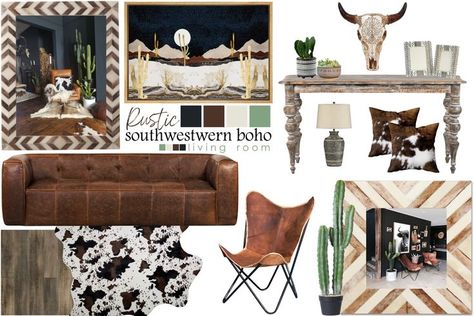 Aztec prints, cactus, cowhide and leather come together in this beautful set up Desert Homes Interior, Southwestern Interior, Mood Board Living Room, Aztec Prints, Western Living Room, Ranch House Decor, Rustic Farmhouse Living Room, Desert Homes, Bohemian Living