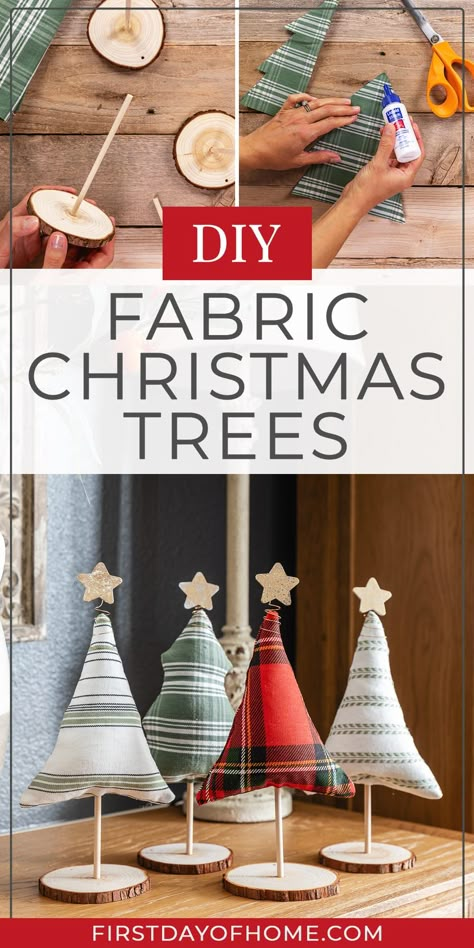 Learn how to make fabric Christmas trees to decorate your home or create unique DIY gifts. This is a great way to use fabric scraps, and you'll receive a free pattern to make your own. #christmascrafts #christmastrees #firstdayofhome Pattern For Stuffed Christmas Tree, Cinnamon Stick Fabric Christmas Tree, Diy Stuffed Christmas Tree, Fabric Christmas Tree Template, Cloth Christmas Trees How To Make, Fabric Christmas Tree Ornaments Diy, Fabric Cone Christmas Trees, Diy Fabric Christmas Decorations, Fabric Xmas Trees