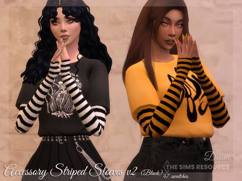 Sims 4 Cc Sleeves Accessory, Sims 4 Striped Shirt, Sims 4 Cc Goth, Mods Sims 4, Music Dress, Mod Clothing, Bodysuit Pattern, Striped Gloves, Goth Shirt