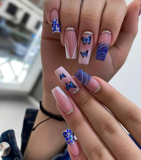 Belle Nails, Butterfly Nail Designs, Geometric Nail Art, Colorful Nail Art, Butterfly Nail Art, Fancy Nails Designs, Nails Design With Rhinestones, Geometric Nail, Girly Acrylic Nails