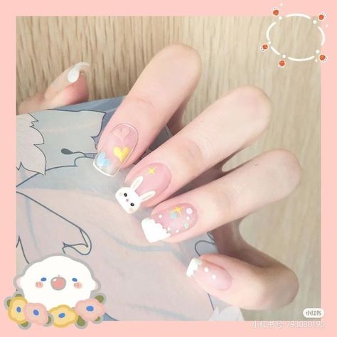 Nail Art Cute Kawaii, Kawaii Nails Short, Anime Nail Art, Bunny Nail Art, Spring Nail Art Ideas, Easter Nails Easy, Nail Cute, Bunny Nails, Asian Nails