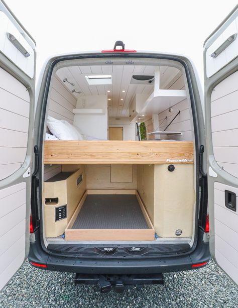 Sprinter Van Conversion 'Witch Van' Van Build Storage, Sprinter Van Conversion With Bathroom, Van Plan Layout, Sprinter Van Layout Floor Plans, Large Van Conversion, Can Conversion Layout, Campervan Floor Plans, Campervan Interior Ideas Sprinter Van, Campervan Layout Floor Plans