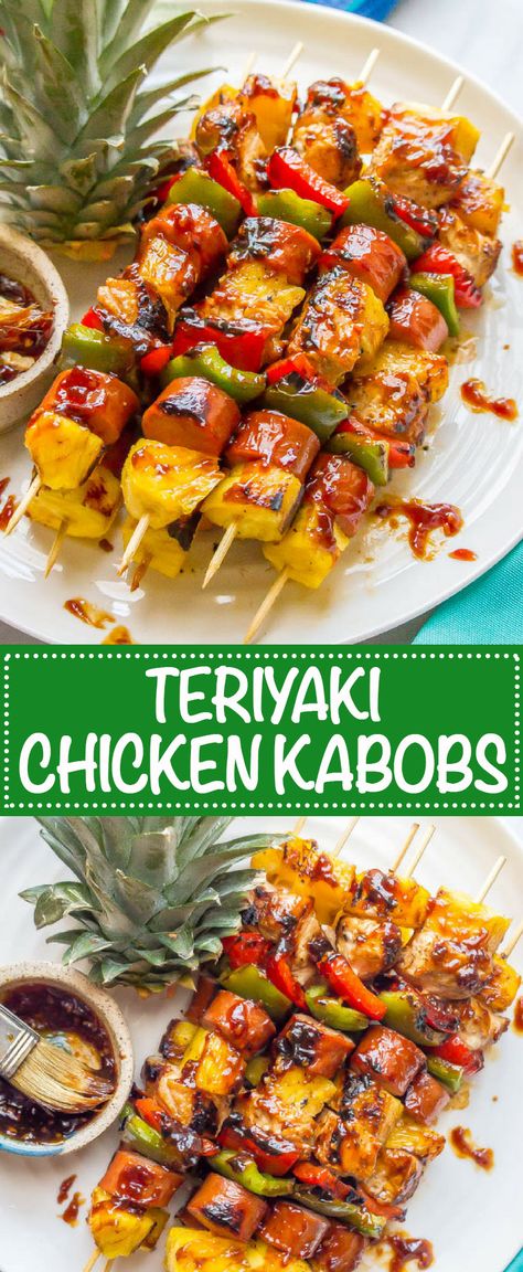 Teriyaki chicken pineapple kabobs are a fun and flavorful recipe for the grill (or oven) with tender chicken, peppers, fresh sweet pineapple and an easy teriyaki sauce that doubles as a marinade and sauce for basting and serving. Perfect for a family dinner or a BBQ party! | www.familyfoodonthetable.com Easy Teriyaki Sauce, Chicken Pineapple Kabobs, Chicken Kabob Marinade, Pineapple Kabobs, Kabob Marinade, Sausage Kabobs, Teriyaki Chicken Skewers, Chicken Peppers, Chicken Kabob Recipes