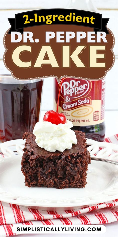 slice of dr. pepper cake on white plate Cake With No Eggs, Soda Cake Recipe, Dr Pepper Cake, 2 Ingredient Cakes, Soft Snickerdoodle Cookies, Cake Mix And Soda, Soda Cake, Boxed Cake, Soda Recipe