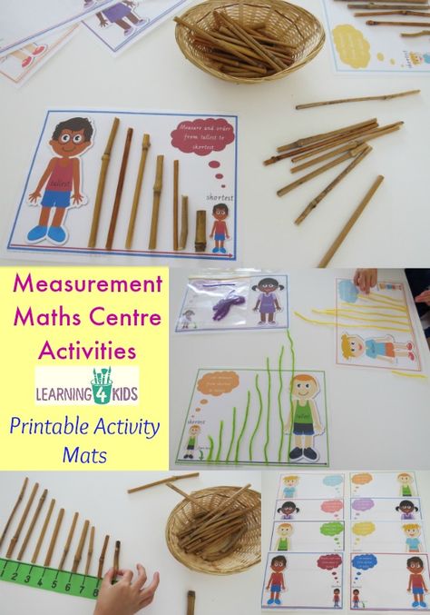 Some ideas for measurement maths centre activities with printable activity mats Measuring Length Activities, Measurement Preschool, Measurement Math Centers, Measurement Ideas, Measurement Kindergarten, Preschool Assessment, Letter Learning, Measuring Length, Measurement Activities