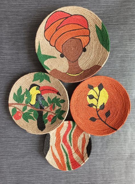 Decor Set of 4 African Plates Wall Plate Boho Wall Decor - Etsy Australia Jute Wall Art, Bead Wall, African Baskets Wall, Weaving Baskets, Plates Wall, Rope Decor, Wall Hanging Handmade, African Basket, Jute Crafts