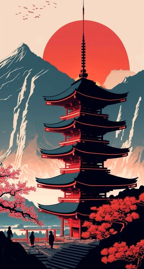 Modern Chinese Art Painting, Japanese Art Simple, Japanese Temple Art, Japanese Style Wallpaper, Japanese Temple Tattoo, Japan Drawing, Kyoto Art, Japanese Pagoda, Japanese Pop Art