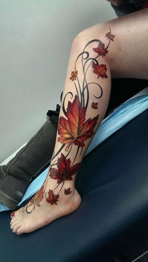 18 Canadian pride tattoo or fall leaves and simple vines tattoo Fall Leaves Tattoo, Lower Leg Tattoos, Pride Tattoo, Autumn Tattoo, Vine Tattoos, Ornamental Tattoo, Tattoos Geometric, Disney Tattoo, Leg Sleeve Tattoo