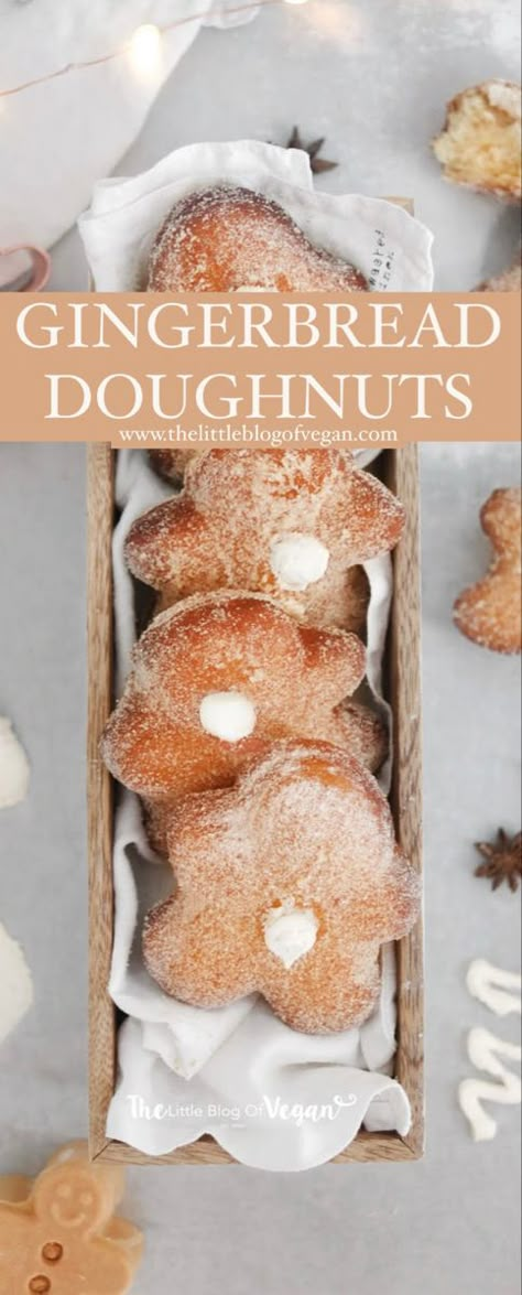 Vegan gingerbread man doughnuts in a wooden box Gingerbread Donuts Baked, Gingerbread Donuts, Cake Donuts Recipe, Beautiful Baking, Dairy Allergy, Lactose Intolerance, Christmas Donuts, Vegan Gingerbread, Vegan Baking Recipes