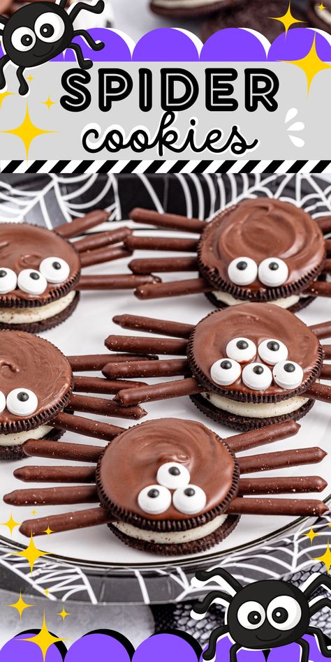 Halloween Treats Spiders, Spider Oreos Halloween, Oreo Spiders Halloween, Edible Spiders For Halloween, Spider Oreos, Oreo Spider Cookies, Oreo Spiders, Spider Food, Pocky Sticks