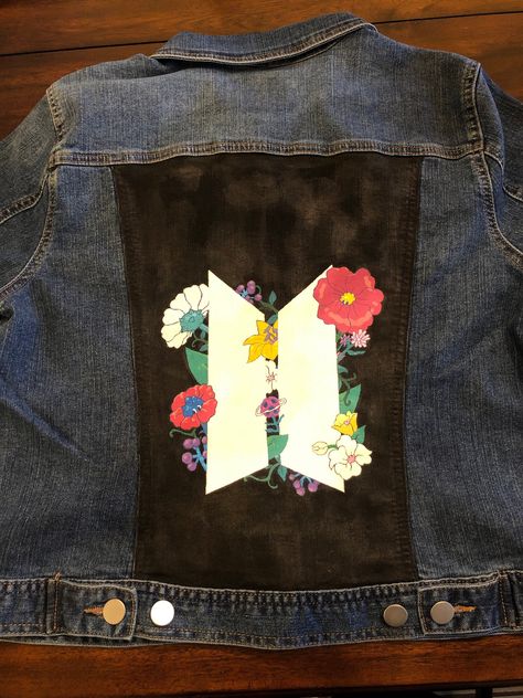 Excited to share this item from my #etsy shop: Hand Painted BTS MOTS7 Jean Jacket Bts Painting Ideas, Jacket Painting, Army Crafts, Painted Clothes Diy, Hand Painted Denim Jacket, New Look Fashion, Denim Art, Painted Denim Jacket, Painted Jacket