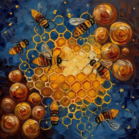 Painting Bees Acrylic, Bumble Bee Art Painting, Honeycomb Painting, Bee Mural, Bee Pictures Art, Honeycomb Art, Painted Bees, Honey Bee Art, Beehive Art