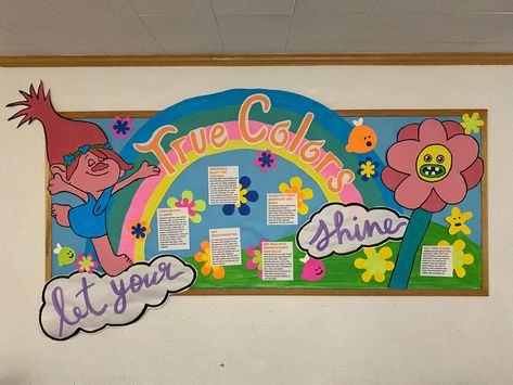 Trolls Classroom Door, Trolls Bulletin Board Ideas, Trolls Classroom Theme, Summer Day Camp, Teaching Classroom Decor, Ra Themes, Reading Boards, Halloween Bulletin Boards, Ra Boards