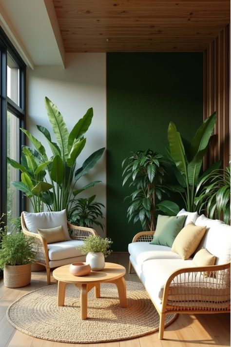 Modern living room with indoor plants and natural wood elements Biophilic Room, Japanese Inspired Bedroom, Biophilic Interior, Modern Living Room Design Ideas, Modern Living Room Design, Light Colored Wood, Modern Living Room Ideas, Design Hacks, Statement Furniture