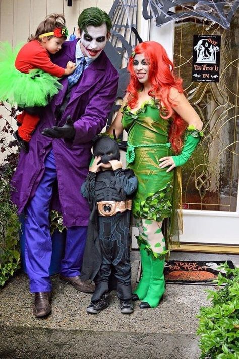 Batman, Robin, Joker, and Poison Ivy Family Halloween costumes Harley Quinn Family Costumes, Family Dc Costumes, Family Halloween Costumes Superhero, Poison Ivy Family Costume, Dc Family Costumes, Joker Family Halloween Costumes, Super Hero And Villain Costumes, Batman Family Costumes, Batman And Robin Costumes