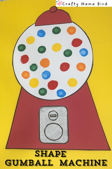 Create this easy shape gumball machine for an easy summer craft with kids. Gumball Crafts For Preschoolers, Gum Ball Machine Template Free Printable, Gumball Crafts, Gumball Machine Craft, Dolly Parton Imagination Library, Mama Bird, Math Vocabulary, Summer Craft, Handprint Craft