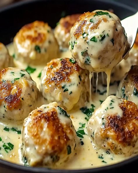 Chicken Ricotta Meatballs Recipe | Creamy Spinach Alfredo Rustic Chicken Alfredo Meatballs, Chicken Ricotta Meatballs With Spinach Alfredo Sauce, Spinach Garlic Meatballs Stuffed With Mozzarella, Chicken Alfredo Meatballs, Chicken Ricotta Meatballs With Spinach, Ricotta Cheese Recipes Dinners, Dessert With Lemon Curd, Spinach Ricotta Chicken, Dessert With Lemon