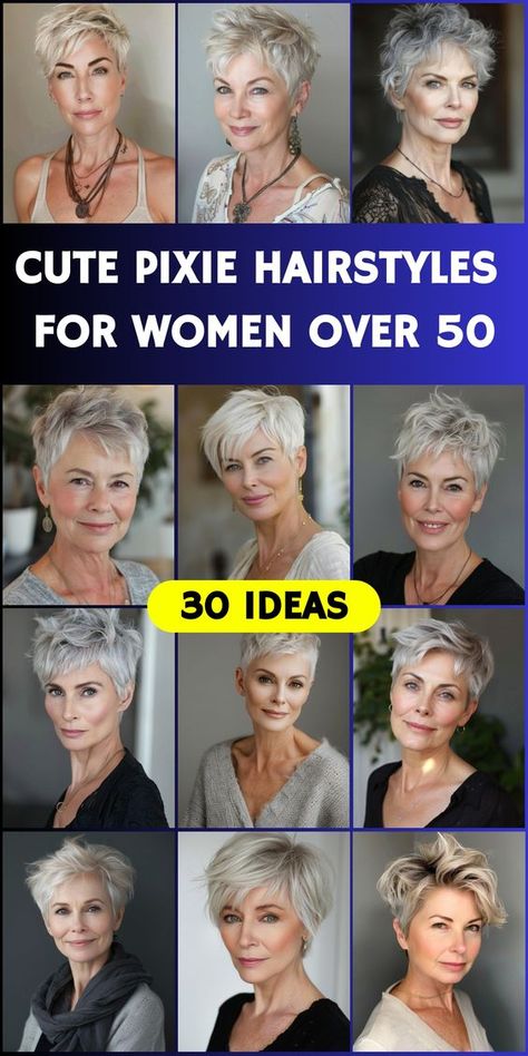 Check out 30 amazing pixie hairstyles for women over 50. These stylish and practical cuts are perfect for those who want a low-maintenance yet fashionable look. From sleek and smooth to tousled and textured, these pixie cuts will help you achieve a fresh and modern appearance. Elegant Pixie Hairstyles, Hairstyle For Women Over 50, Feminine Pixie Cuts, Styles For Women Over 50, Pixie Haircut Fine Hair, Super Short Haircuts, Gray Hair Pixie Cuts, Hairstyle For Women, Short Sassy Haircuts