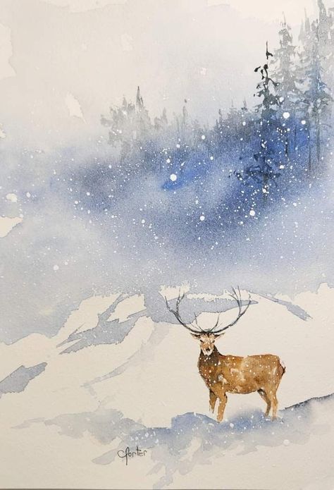 Watercolor Paintings Of Animals, Painting Snow, Winter Watercolor, Christmas Card Art, Watercolor Christmas Cards, Watercolor Paintings Easy, Winter Painting, Landscape Art Painting, Watercolor Painting Techniques