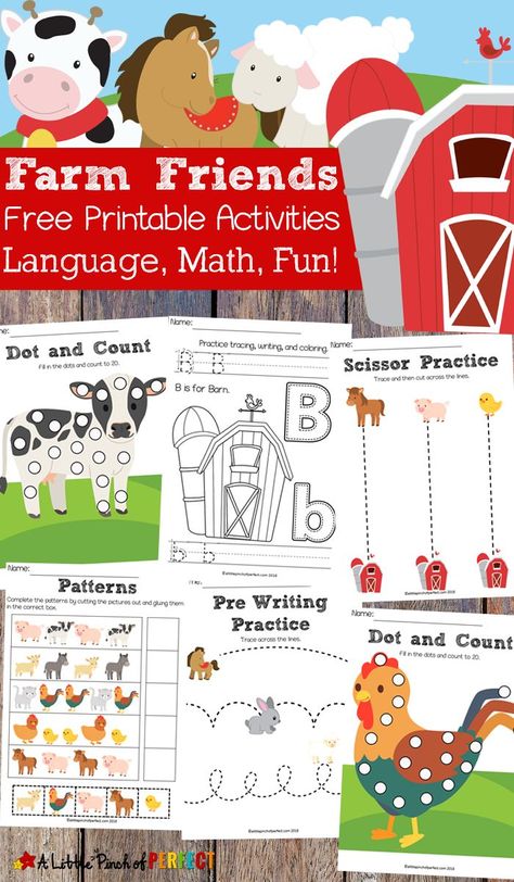 Kids will love learning with farm animals using this free, farm friends printable activity pack. Download 35 pages of activities for your child to learn math and language including do-a-dot pages, coloring, pre-writing activities, cut and paste patterns, counting, and more. Perfect for learning at home or in the classroom, this pack is full of learning fun! #preschool #farm #printables #animals #spring #classroom Farm Math, Farm Activities Preschool, Preschool Farm, Farm Animals Preschool, Farm Lessons, Farm Animals Activities, Farm Theme Preschool, Farm Unit, Farm Animals Theme