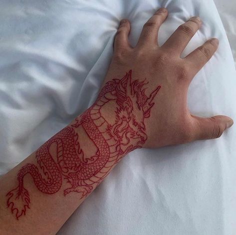 Chinese Dragon Hand Tattoo, Red Dragon Hand Tattoo, Dragon Hand Tattoo, Dragon Tattoo Arm, Red Tattoo Ideas, Red Dragon Tattoo, Dragon Hand, Small Dragon Tattoos, Red Tattoo