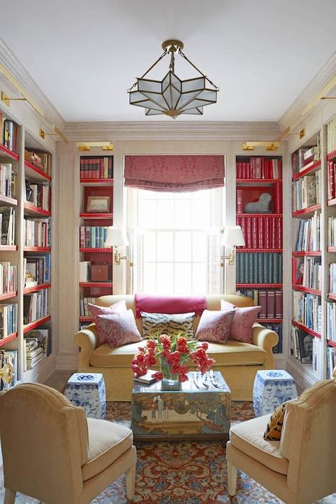 Bright Library Room, Library Room Colors, Pink Home Library, Pastel Library, Tiny Library Room, Bookshelf Window, Library Nook, Home Library Rooms, Veranda Magazine