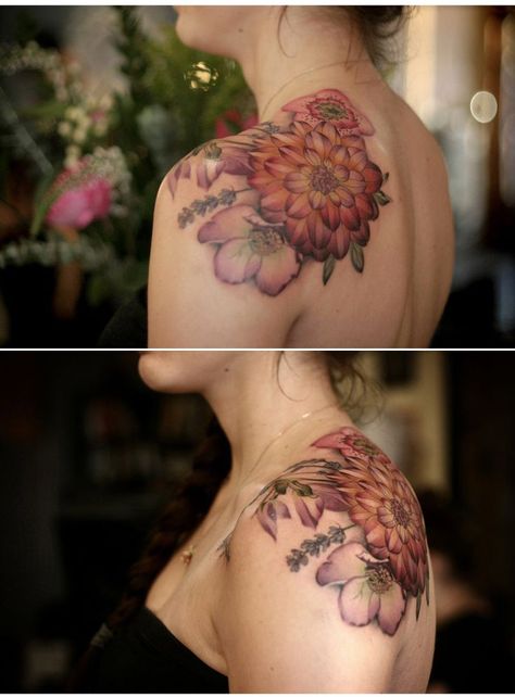 Kendall Tattoo, Dahlia Tattoo, Vintage Flower Tattoo, Floral Tattoo Shoulder, Tattoo Shoulder, Tattoo Concepts, Wildflower Tattoo, Mom Tattoo, Wonderland Tattoo