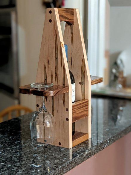 Wine Bottle and Glasses Caddy Wooden Wine Bottle And Glass Holder, Wine Crafts Wooden, Wine Glass And Bottle Holder Wood, Diy Wine Caddy, Ambrosia Maple Projects, 1x3 Wood Projects, Wine Bottle And Glass Holder, Diy Whiskey, Wine Bottle Glass Holder