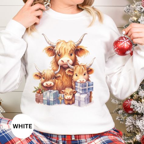 Highland Christmas Cow Crewneck Sweater, Highland Cow Lover Pullover Sweatshirt, Highland Cow Farm Christmas, Christmas Gift For Cow Lover Cow Crewneck, Highland Christmas, Christmas Shorts, Funny Makeup Bag, Christmas Highland Cow, Grateful Shirt, Farm Christmas, Cow Christmas, Christmas Cow