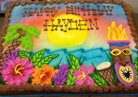 Hawaiian Luau Cake  https://www.birthdays.durban Hawaii Pool Party, Hawaii Pool, Pool Party Cake, Luau Cake, Pastel Rectangular, Birthday Luau, Hawaiian Cake, Pool Party Cakes, Sheet Cake Designs