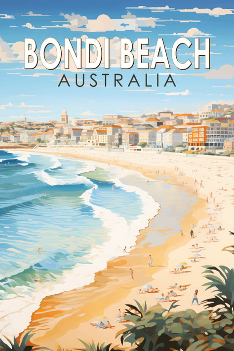 Vintage-style poster capturing the sun, sand, and surf of Bondi Beach, perfect for beach-inspired home decor. Bondi Beach Australia, Art Plage, Posters Australia, Australia Beach, Surf Poster, Beach Posters, Bondi Beach, Beach Australia, Beach Lovers