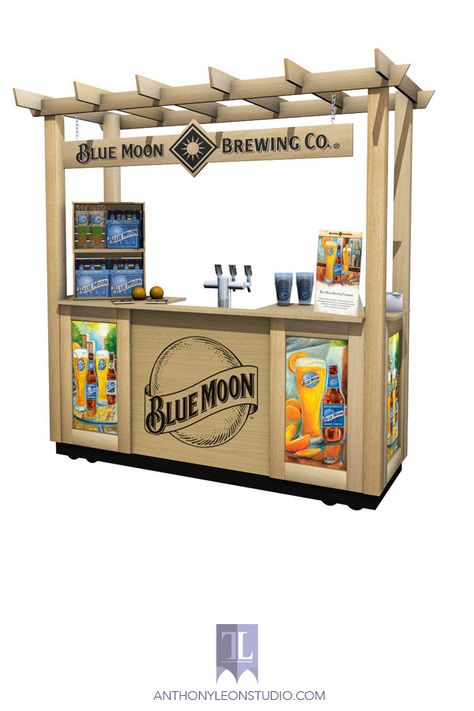 Design and 3D render of a Blue Moon beer booth for events. Beer Booth Design, Beer Station, Blue Moon Beer, Beer Stand, Craft Beer Brands, Event Booth Design, Craft Beer Festival, Moon Mobile, Festival Booth