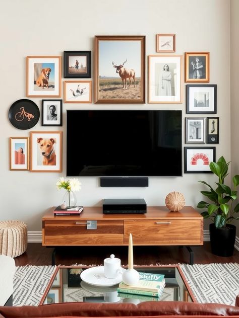 30 Decor Ideas Around TV on Wall for a Stylish Look Decor Around Mounted Tv Living Rooms, Gallery Wall Around Mounted Tv, Tv And Gallery Wall, Gallery Wall By Tv, Photo Wall Above Tv, Tv Wall Photo Gallery, Art On Tv Wall, Decor Around Mounted Tv, Gallery Wall Ideas Around Tv