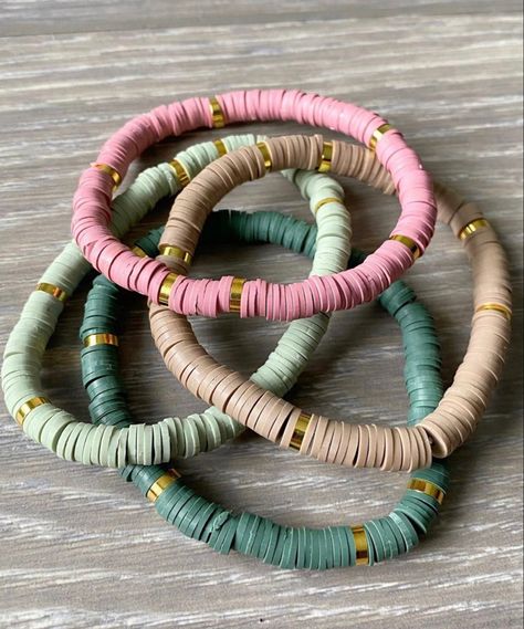 Elastic, 6mm flat disc beads. Completely customizable! Heishi Bead Bracelet Ideas, Bead Bracelet Ideas, Heishi Bead Bracelet, Immeasurably More, Pink Beaded Bracelets, Preppy Bracelets, Green Vinyl, Polymer Clay Bracelet, Clay Bracelet